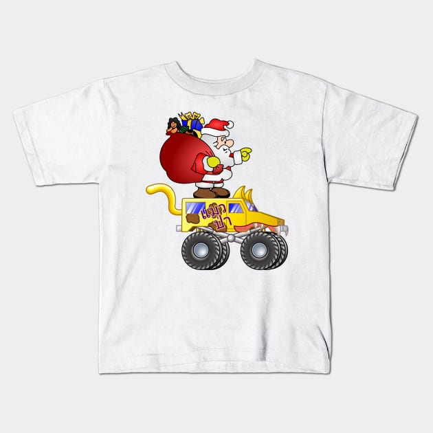 Santa riding monster truck Kids T-Shirt by IOANNISSKEVAS